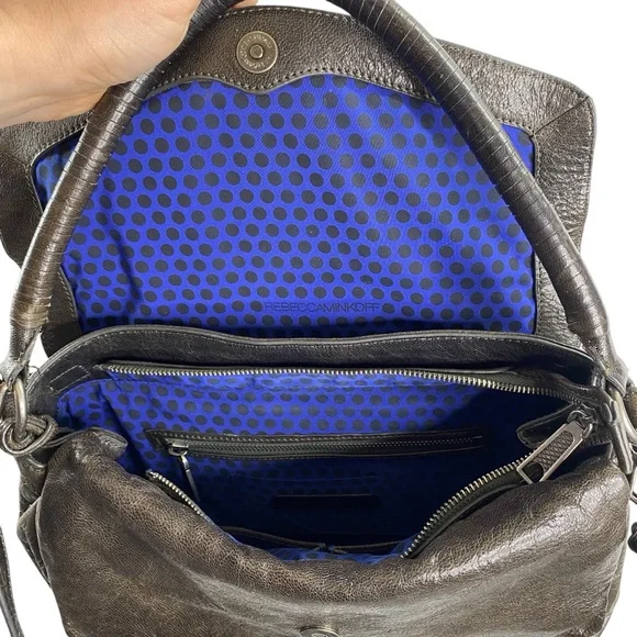 REBECCA MINKOFF DARK BROWN LEATHER WEAVE MULTIPLE POCKETS SHOULDER BAG $398